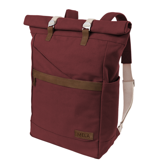 melawear answer GOTS certified organic cotton fairtrade folder roll top rucksack like fjällräven sustainable ethical eco bag burgundy